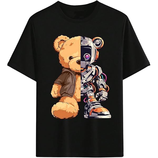 Womens Plus Size Cartoon Bear Printed Short Sleeve Crew Neck